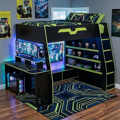 Pnronnc Loft Frame Full Size Wood Gaming Bed with Desk, Multi-storage Shelves, Table and RGB Light