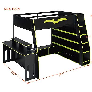 Pnronnc Loft Frame Full Size Wood Gaming Bed with Desk, Multi-storage Shelves, Table and RGB Light