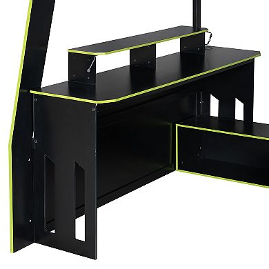 Pnronnc Loft Frame Full Size Wood Gaming Bed with Desk, Multi-storage Shelves, Table and RGB Light