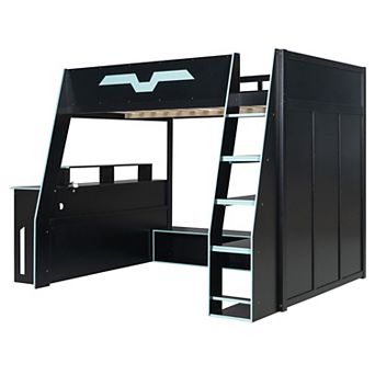 Pnronnc Loft Frame Full Size Wood Gaming Bed with Desk, Multi-storage Shelves, Table and RGB Light