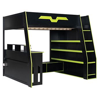 Pnronnc Loft Frame Full Size Wood Gaming Bed with Desk, Multi-storage Shelves, Table and RGB Light