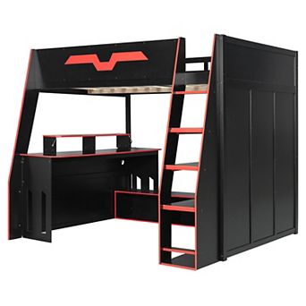 Pnronnc Loft Frame Full Size Wood Gaming Bed with Desk, Multi-storage Shelves, Table and RGB Light