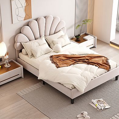 Pnronnc Flower Pattern Wingback Bed Velvet Upholstered Platform Bed Low Profile Bed