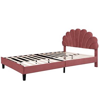Pnronnc Flower Pattern Wingback Bed Velvet Upholstered Platform Bed Low Profile Bed