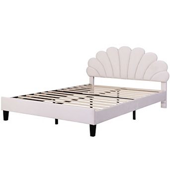 Pnronnc Flower Pattern Wingback Bed Velvet Upholstered Platform Bed Low Profile Bed