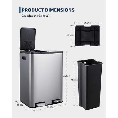 ANIXOL 16 Gallon Dual Compartment Stainless Steel Trash Can，Foot Pedal