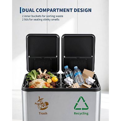 ANIXOL 16 Gallon Dual Compartment Stainless Steel Trash Can，Foot Pedal