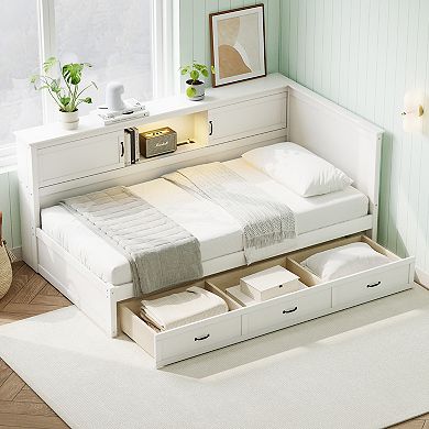 Pnronnc L-Shaped Corner Bookcase Captain Bed with Drawers, Led Downlight and USB Port