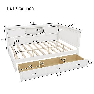 Pnronnc L-Shaped Corner Bookcase Captain Bed with Drawers, Led Downlight and USB Port