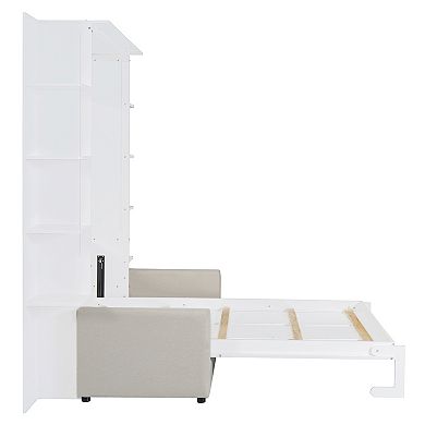 Pnronnc Queen Size Folding Murphy Bed Convertible Wall Cabinet Bed with 3-seat Sofa Couch