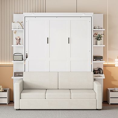 Pnronnc Queen Size Folding Murphy Bed Convertible Wall Cabinet Bed with 3-seat Sofa Couch