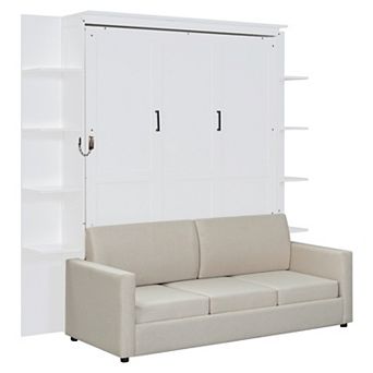 Pnronnc Queen Size Folding Murphy Bed Convertible Wall Cabinet Bed with 3-seat Sofa Couch