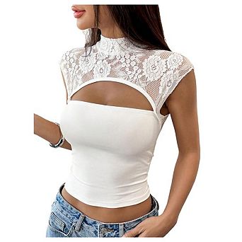 Woman Tank Top Cutout Lace Top Sheer Mesh Sleeveless Y2K Going Out Crop Tops