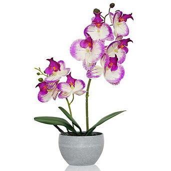 Purple Artificial Orchid with 2 Stems in Grey Pot, Faux Floral Arrangement for Home Decor