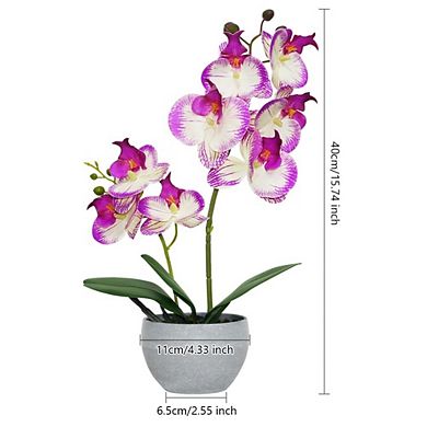 Purple Artificial Orchid with 2 Stems in Grey Pot, Faux Floral Arrangement for Home Decor