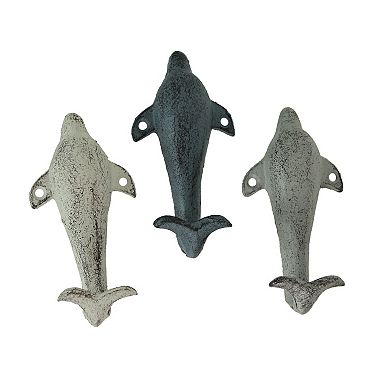 Set of 3 Colorful Coastal Cast Iron Dolphin Decorative Wall Hooks 5 inch