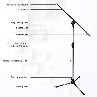 LyxPro Microphone Stand, Durable Mic Stand with Adjustable Height 38.5"- 66" and 29.3" Boom Arm