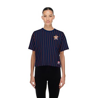 Women's New Era Navy Houston Astros Throwback Meshback Pinstripe Boxy T-Shirt