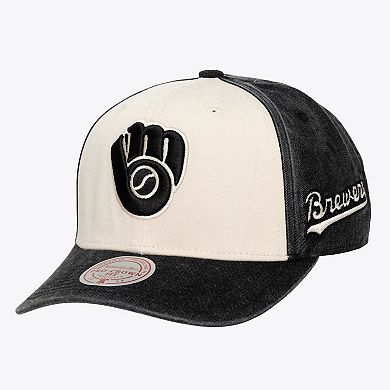 Unisex Mitchell & Ness Cream/Black Milwaukee Brewers Snow Block Pro Crown Adjustable Hat