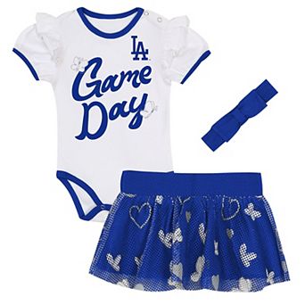 "Newborn Outerstuff White/Blue Los Angeles Dodgers Bodysuit, Headband & Skirt Set"