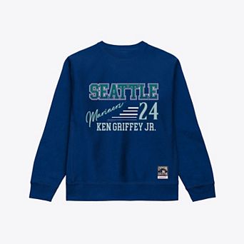 Men's Mitchell & Ness Ken Griffey Jr. Navy Seattle Mariners Stripes Name & Number Crewneck Sweatshirt