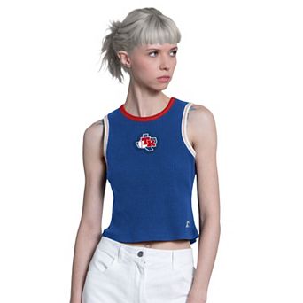 Women's Starter Royal Texas Rangers Cooperstown Play the Ball Crop Tank Top