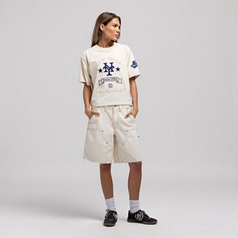 Women's Mitchell & Ness Cream New York Mets Cooperstown Yacht Rock Boxy Cropped T-Shirt