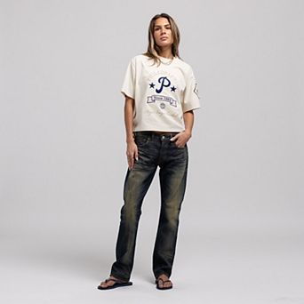 Women's Mitchell & Ness Cream Philadelphia Phillies Cooperstown Yacht Rock Boxy Cropped T-Shirt