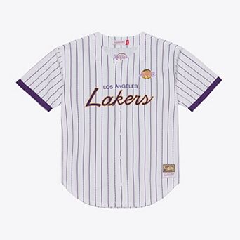 Men's Mitchell & Ness White Los Angeles Lakers Head Coach Pinstripe Mesh Full-Button Baseball Jersey