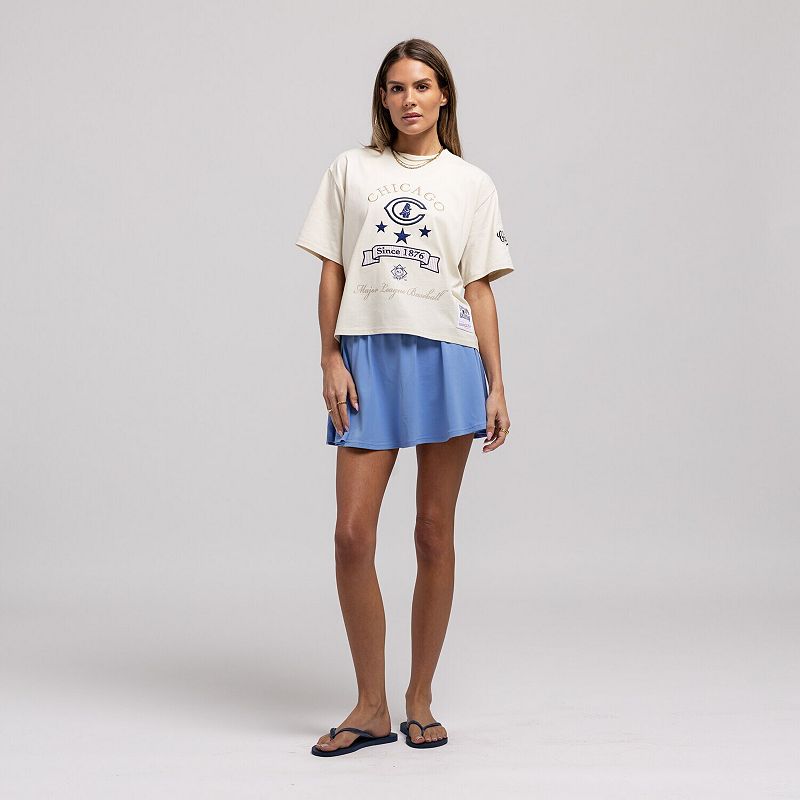 Women's Mitchell & Ness Cream Chicago Cubs Cooperstown Yacht Rock Boxy Cropped T-Shirt,