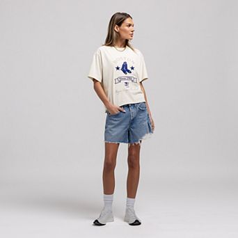 Women's Mitchell & Ness Cream Boston Red Sox Cooperstown Yacht Rock Boxy Cropped T-Shirt