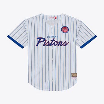 Men's Mitchell & Ness White Detroit Pistons Head Coach Pinstripe Mesh Full-Button Baseball Jersey