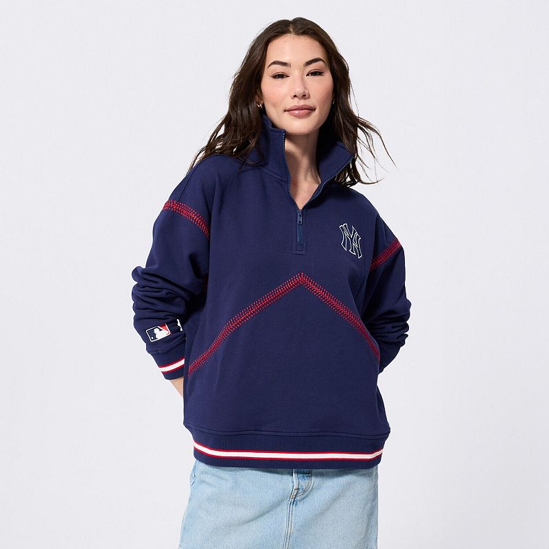 Women's Terez Navy New York Yankees Baseball Stitch Quarter-Zip Pullover,
