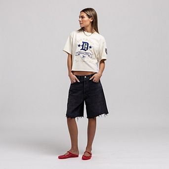 Women's Mitchell & Ness Cream Detroit Tigers Cooperstown Yacht Rock Boxy Cropped T-Shirt