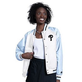 Women's Starter Light Blue/White Philadelphia Phillies Blitz Varsity Raglan Full-Snap Satin Jacket