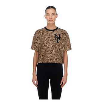 Women's New Era White New York Mets Leopard Boxy Cropped T-Shirt