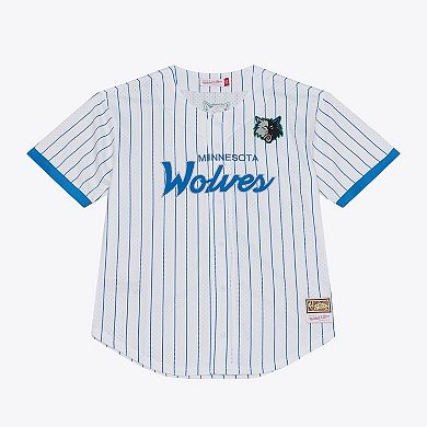Men's Mitchell & Ness White Minnesota Timberwolves Head Coach Pinstripe Mesh Full-Button Baseball Jersey