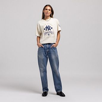 Women's Mitchell & Ness Cream New York Yankees Cooperstown Yacht Rock Boxy Cropped T-Shirt