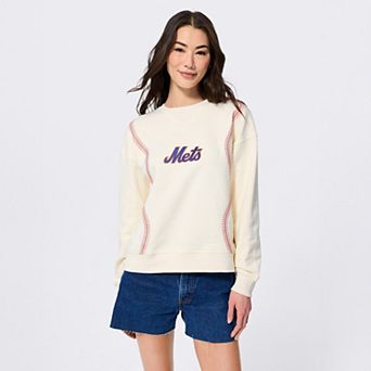 Women's Terez White New York Mets Swizzle Baseball Stitch Crewneck Sweatshirt
