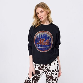 Women's Terez Black New York Mets Gemstone Logo Crewneck Sweatshirt