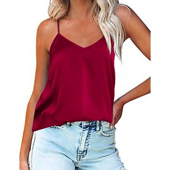 Ekouaer Satin Camisole Top for Women V Neck Pajama Tank Tops Silk Soft Spaghetti Strap Loose Basic