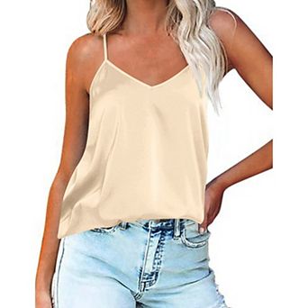 Ekouaer Satin Camisole Top for Women V Neck Pajama Tank Tops Silk Soft Spaghetti Strap Loose Basic