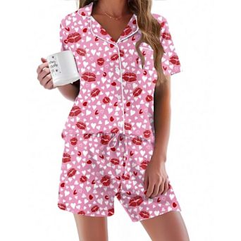 Ekouaer Valentine' Day Pajama for Women Set Short Sleeve Sleepwear Button Down Pjs Soft 2 pc