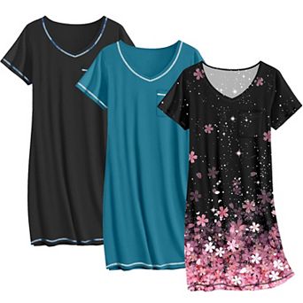 Ekouaer Three Pack Nightgowns Sleep Shirts T Shirt Night Gown V Neck Nightshirts Soft Dress