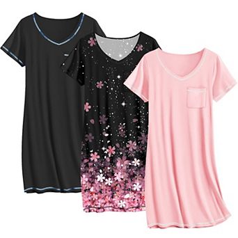 Ekouaer Three Pack Nightgowns Sleep Shirts T Shirt Night Gown V Neck Nightshirts Soft Dress