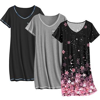 Ekouaer Three Pack Nightgowns Sleep Shirts T Shirt Night Gown V Neck Nightshirts Soft Dress