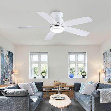 Flush Mount Ceiling Fan with LED Light and Remote Control, 5 Reversible Blades