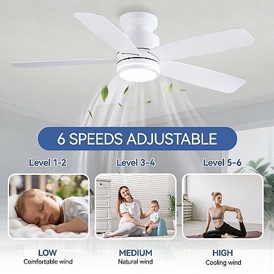 Flush Mount Ceiling Fan with LED Light and Remote Control, 5 Reversible Blades