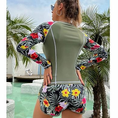 Women's Long Sleeve Two Piece Swimsuit Set with High Waisted Boyshorts
