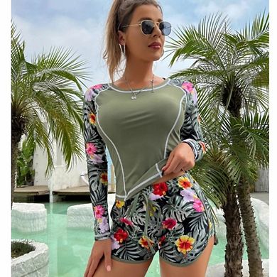 Women's Long Sleeve Two Piece Swimsuit Set with High Waisted Boyshorts